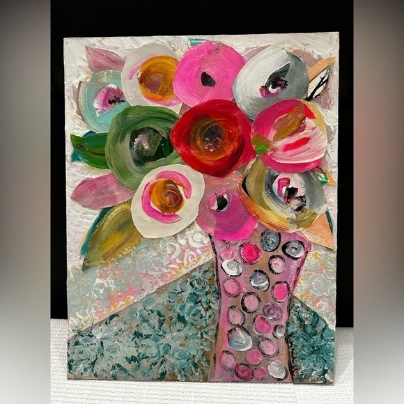 Original Art Painting Mixed Media Acrylic Collage on Canvas Board Pink Floral - Picture 3 of 8